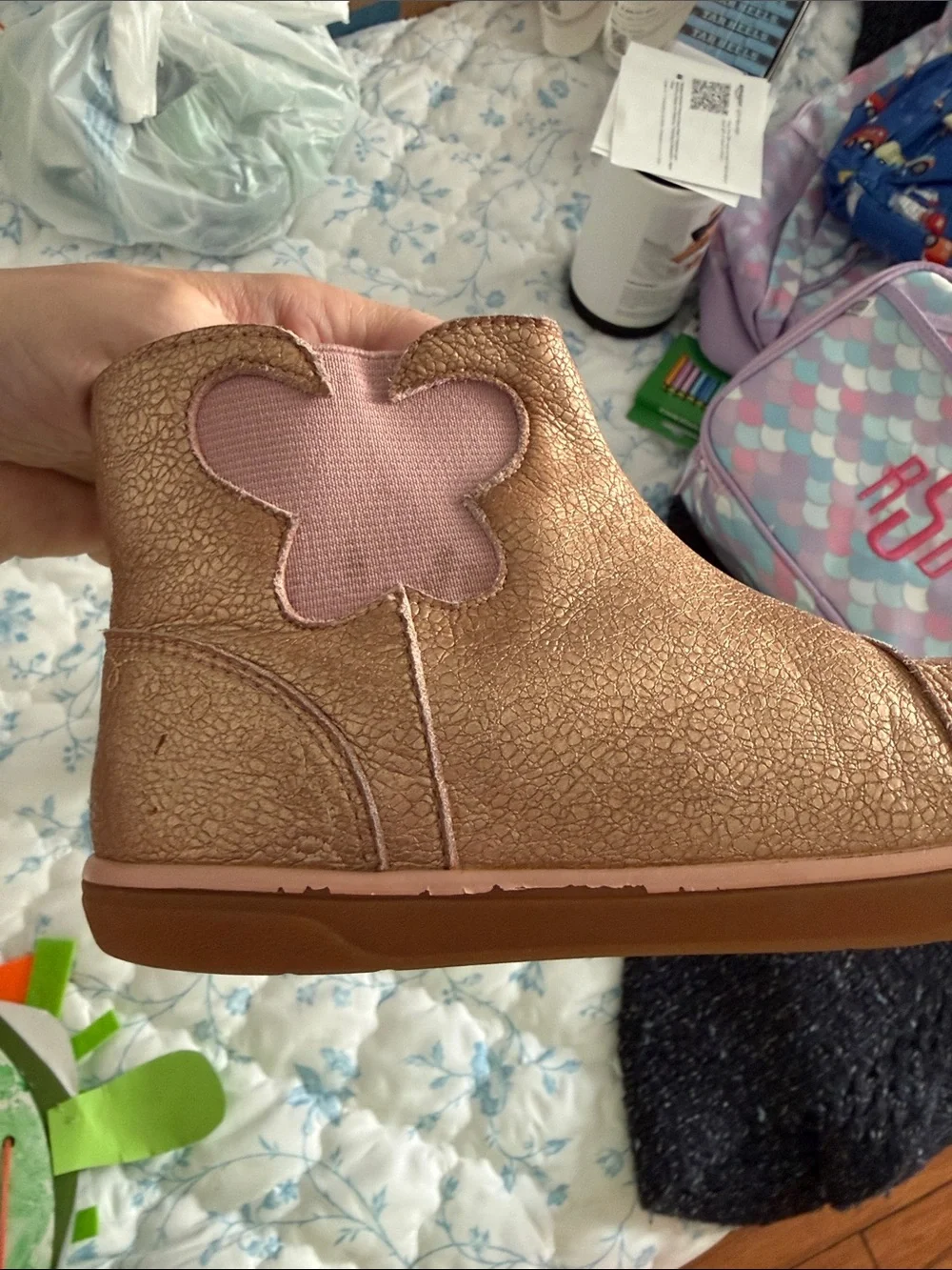 Livie & Luca Metallic Rose Gold Kids Ankle Boots with Flower Patch
